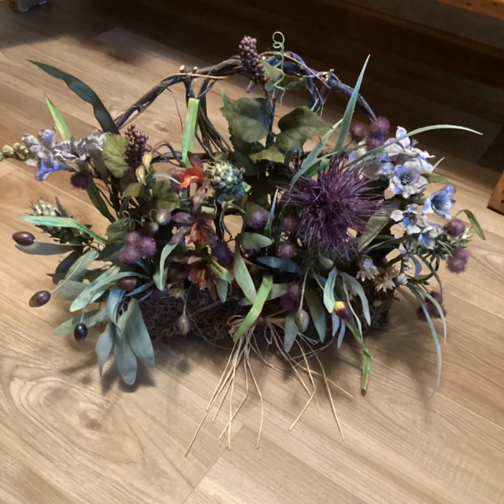 Grapevine Wall or Table Arch Basket w/ Red Purple Blue Green Florals and Raffia